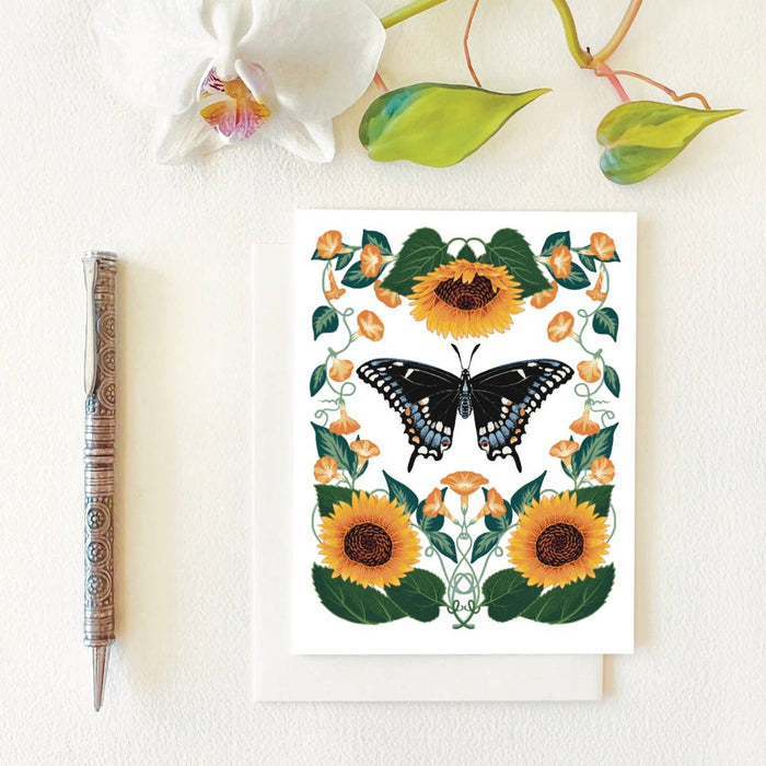 Black Swallowtail Sunflowers Greeting Card by Folk Meadow Studio