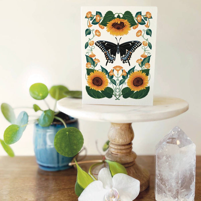 Black Swallowtail Sunflowers Greeting Card by Folk Meadow Studio
