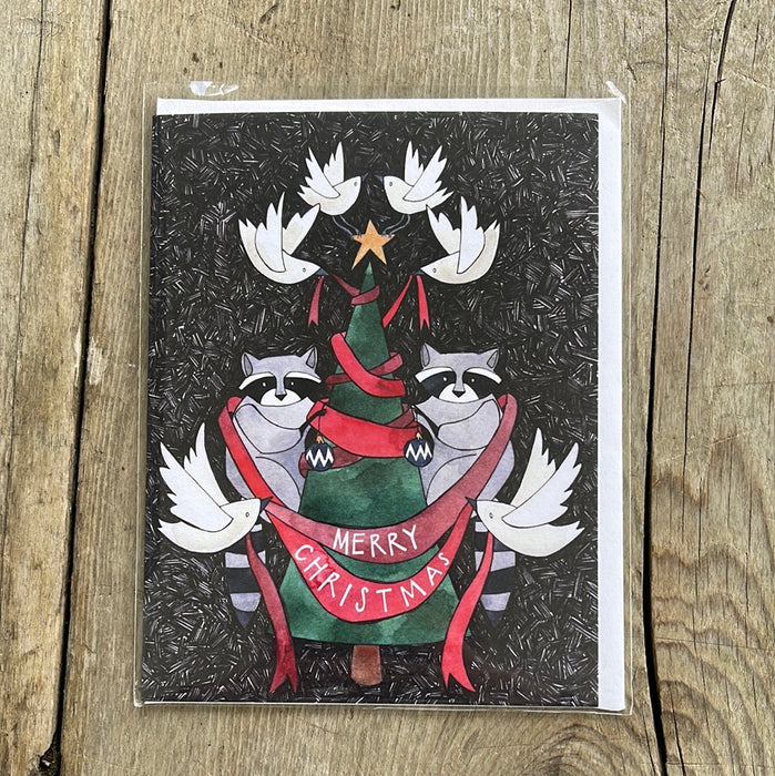 Merry Christmas Raccoons and Doves Card - Katie Eberts Illustration