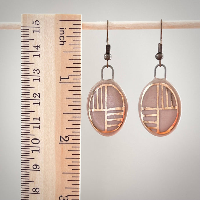 Nude Pink Oval Earrings with Gold Checkered Lines