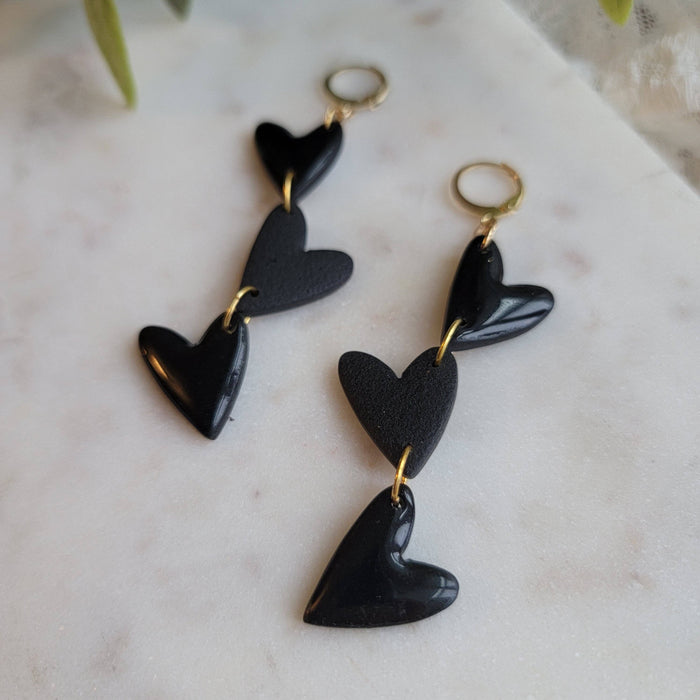 Long Triple Black Heart Dangles - Cayenne and Cake