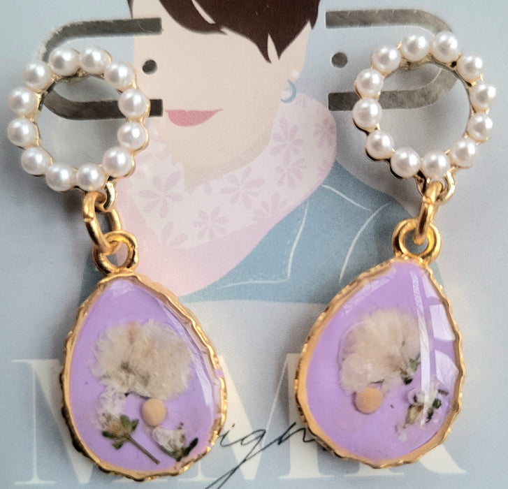 White Flowers Over Lilac & Circles of Pearls Earrings by MMK Designs