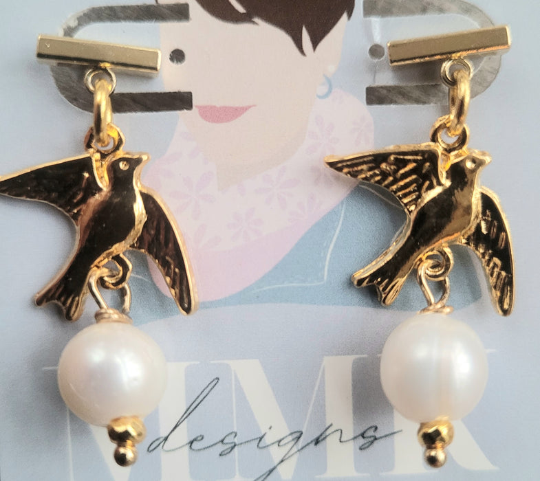 Doves Over Pearls Drop Earrings by MMK Designs