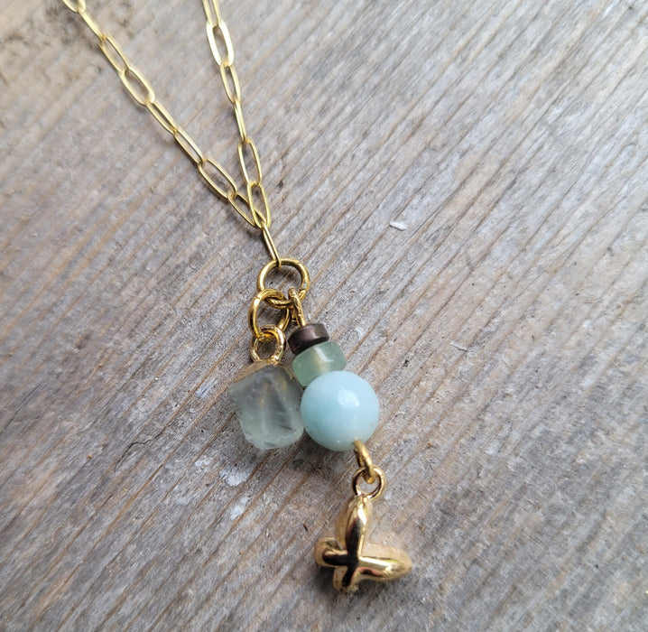 Katherine Sirvio Necklace: 24 Carat Gold Plated Chain, Toktite, Mocha Hematite, Aventurine, Amazonite