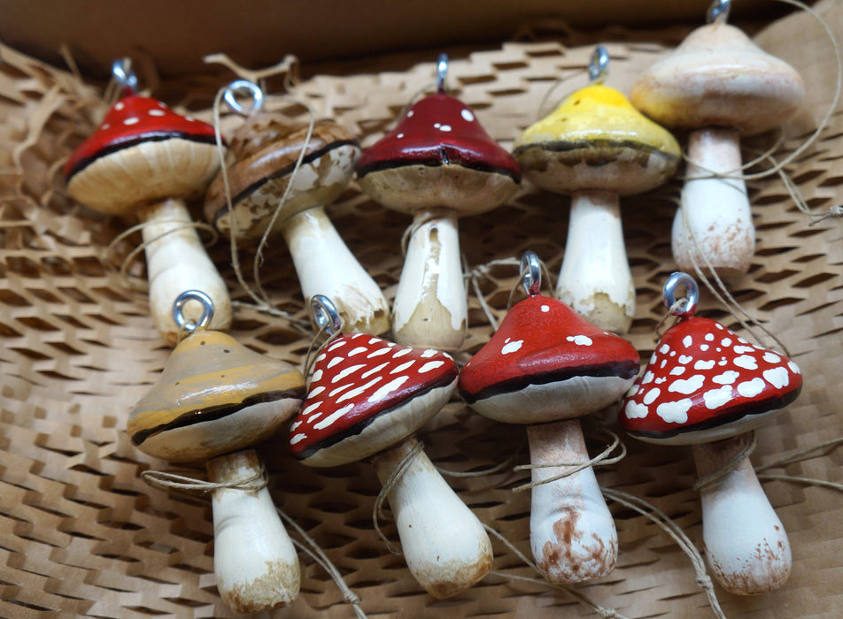 Hand-Painted Wooden Mushroom Hanging Ornaments - Goblin Grimm