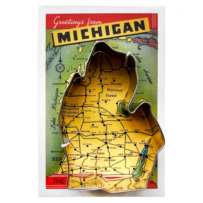 Michigan Lower Peninsula Cookie Cutter with map postcard