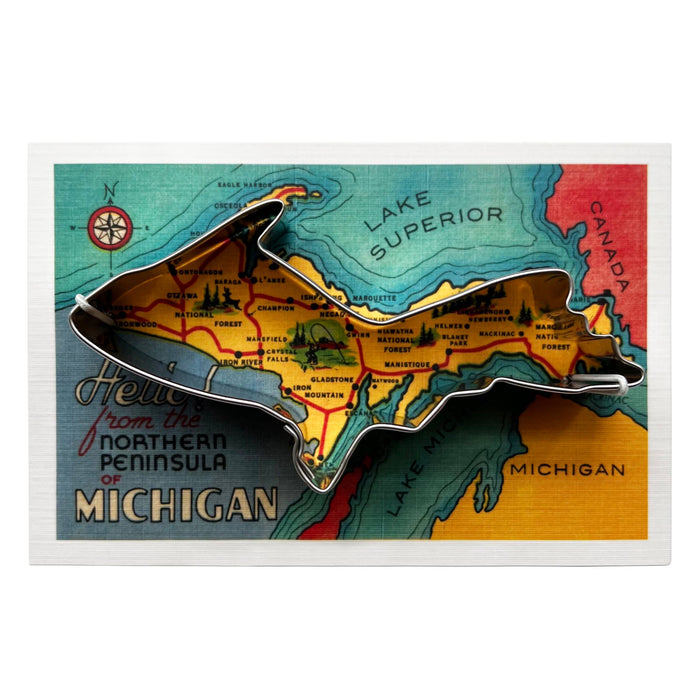 Michigan Upper Peninsula Cookie Cutter with map postcard