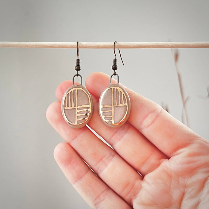 Nude Pink Oval Earrings with Gold Checkered Lines