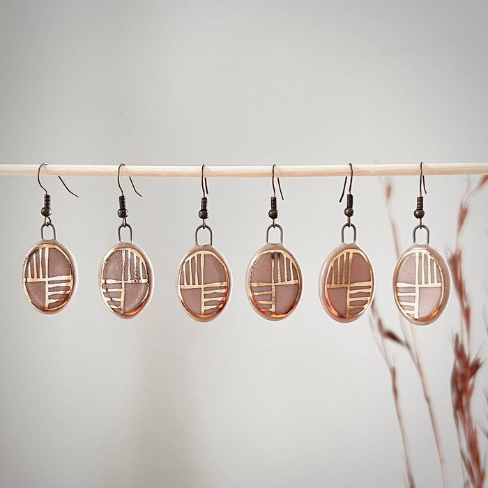 Nude Pink Oval Earrings with Gold Checkered Lines