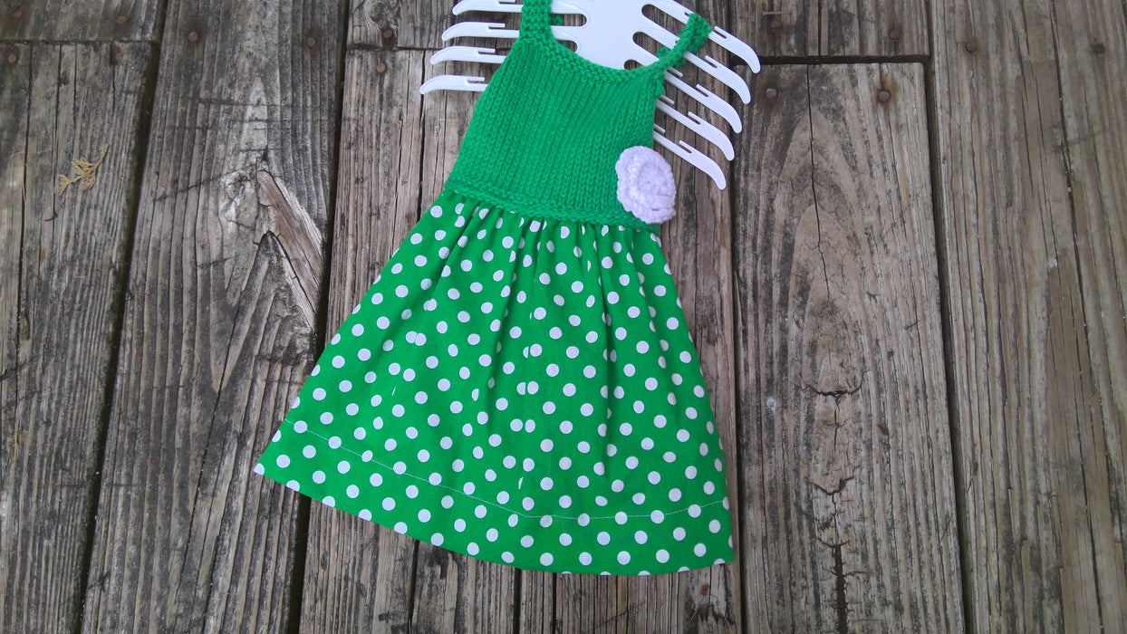 Baby Clothes: Knitted Emerald Dress with White Polka Dot Skirt, by The Scrappy Knitter