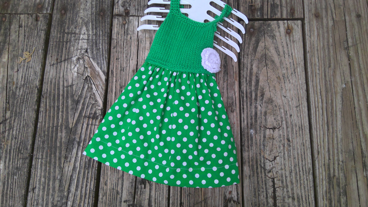 Baby Clothes: Knitted Emerald Dress with White Polka Dot Skirt, by The Applecore General Store Baby Clothes: Knitted Emerald Dress with White Polka Dot Skirt, by The Applecore General Store