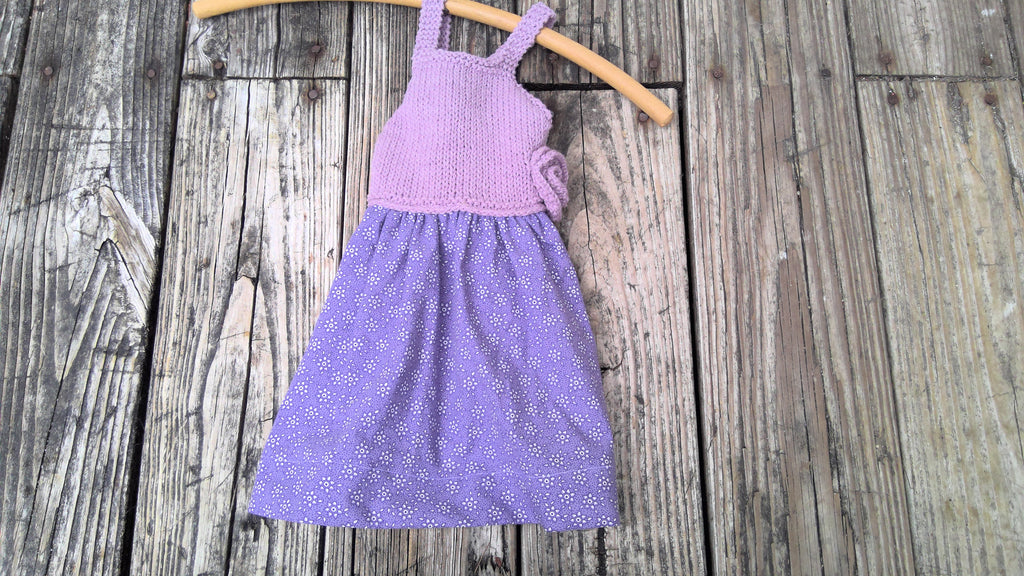 Baby Clothes: Knitted Purple Dress with Floral Skirt, by The Scrappy Knitter