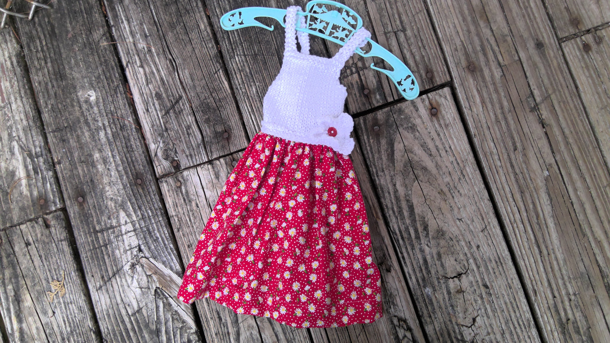 Baby Clothes: Knitted White Dress with Red Floral Skirt, by The Scrappy Knitter