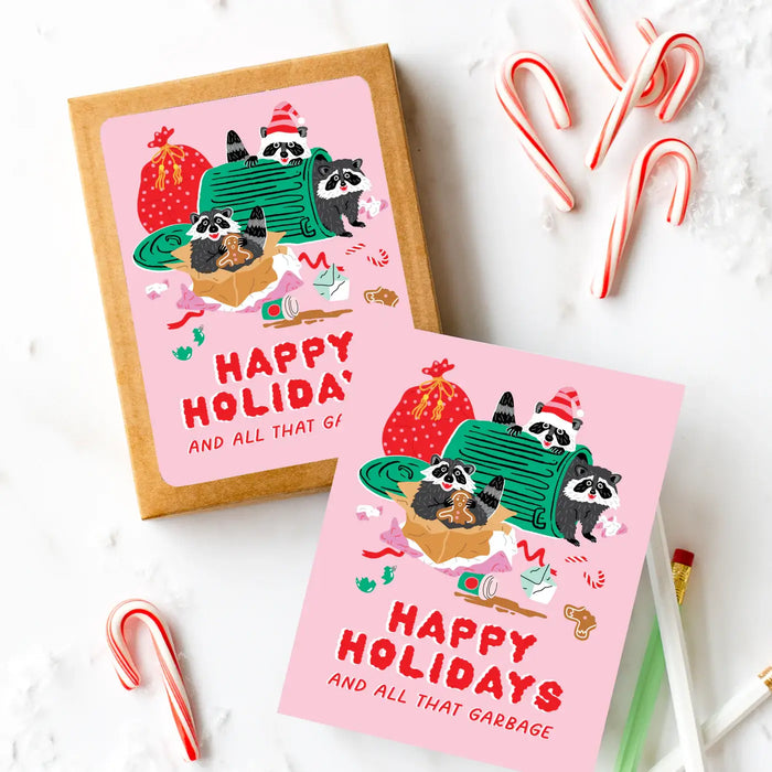 Boxed Pink Raccoons Holiday Card - Party of One