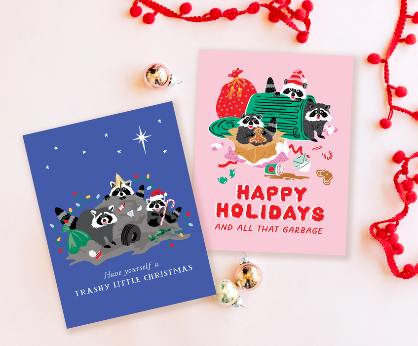 Boxed Pink Raccoons Holiday Card - Party of One