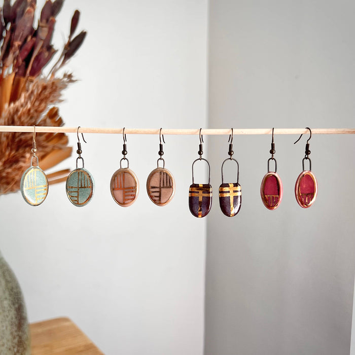 Nude Pink Oval Earrings with Gold Checkered Lines