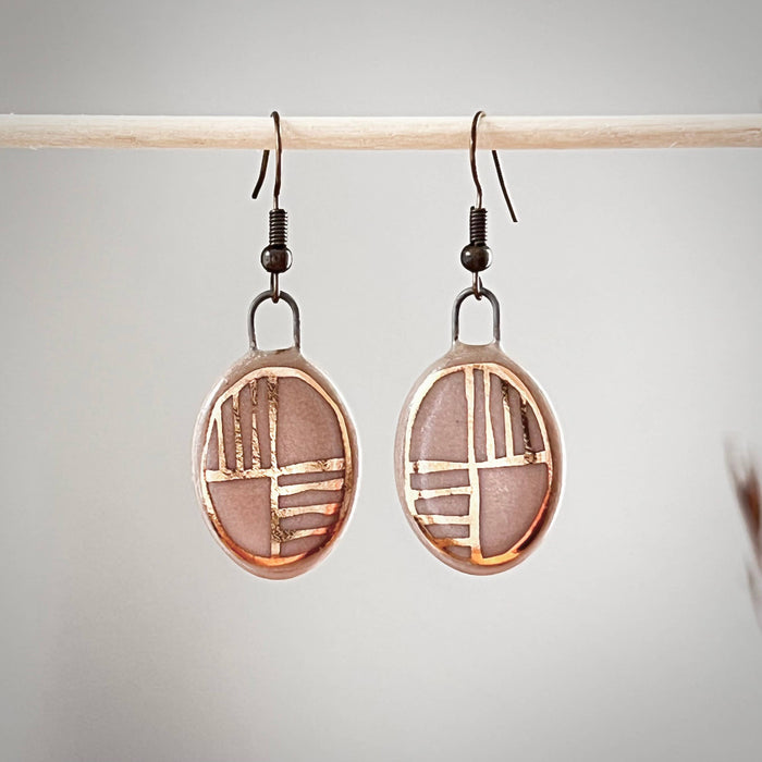 Nude Pink Oval Earrings with Gold Checkered Lines