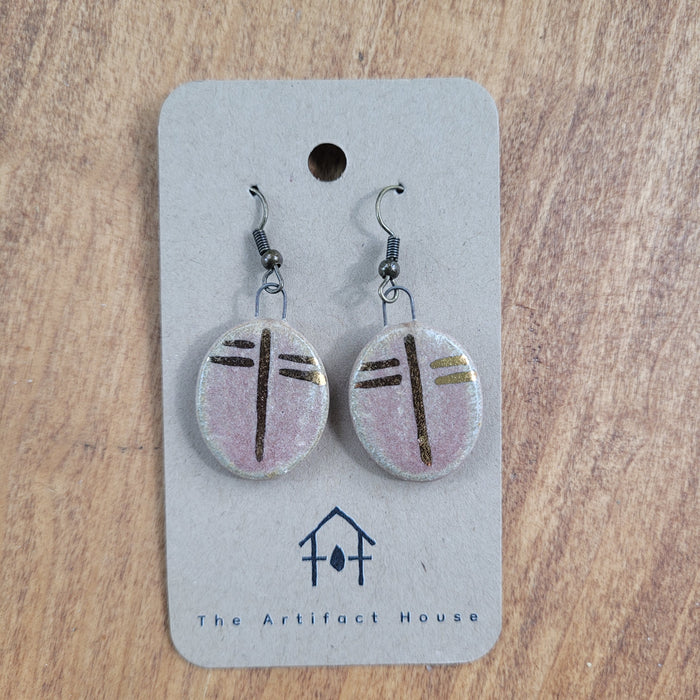 Pink Oval Ceramic Earrings with Dragonfly Style Gold Lines - Artifact House