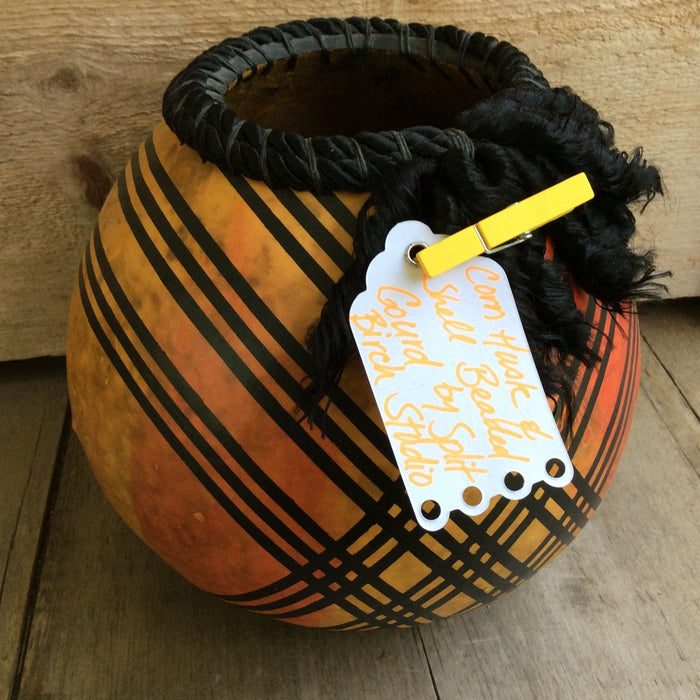 Corn Husk and Shell Beaded Gourd by Split Birch Studio