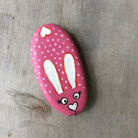 Painted Rock - Pink Heart Bunny - by Connie Thompson