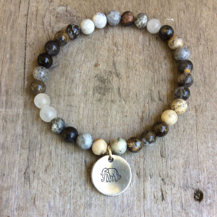 Semi- Precious Stone Bracelet with Hand Stamped Charms by MMK Designs-Elephant Jasper