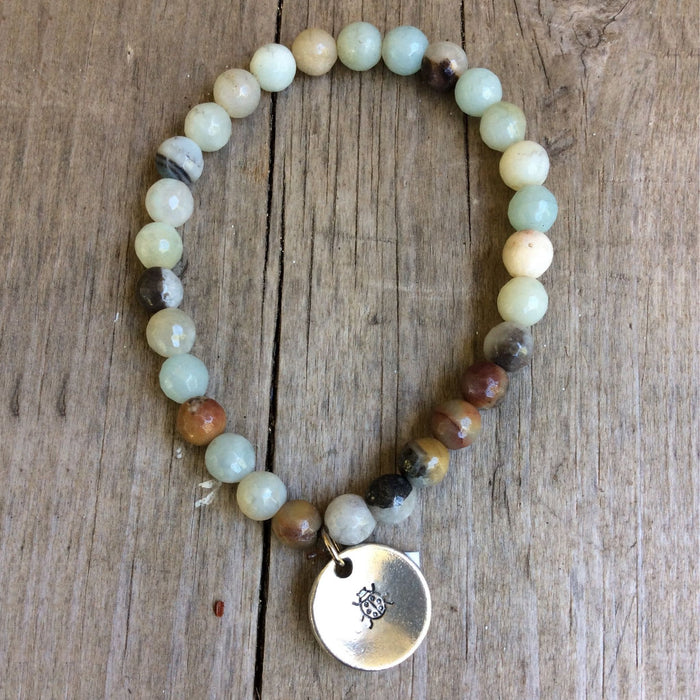 Semi- Precious Stone Bracelet with Hand Stamped Charms by MMK Designs-Ladybug Amazonite