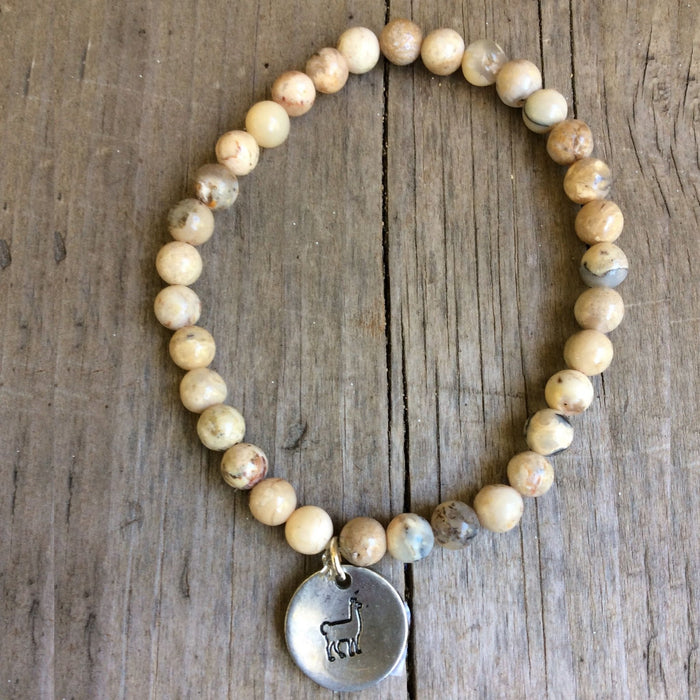 Semi- Precious Stone Bracelet with Hand Stamped Charms by MMK Designs-Lama Picasso Jasper