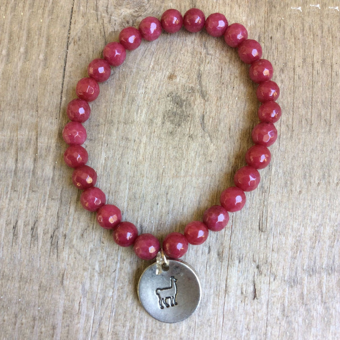 Semi- Precious Stone Bracelet with Hand Stamped Charms by MMK Designs-Lama Ruby Jade