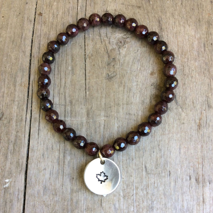 Semi- Precious Stone Bracelet with Hand Stamped Charms by MMK Designs-MapleLeafGarnet