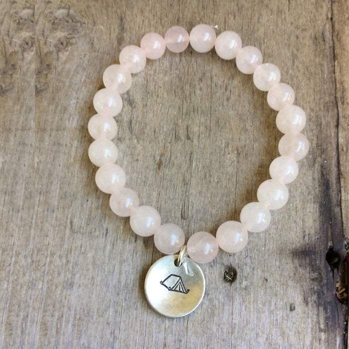 Semi- Precious Stone Bracelet with Hand Stamped Charms by MMK Designs-Tent- Rose Quartz