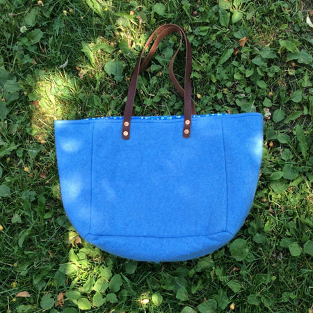 Upcycled Wool Totes with Leather Handles-Blue with Brown Leather Handles