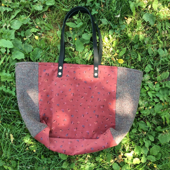 Upcycled Wool Totes with Leather Handles-Red Velvet Patterned with Grey and Black Leather Handles