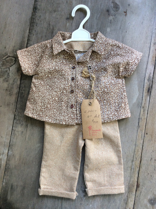 Brown Shirt with Tan Linen Pants Two Piece Set by Jeanne Cooper
