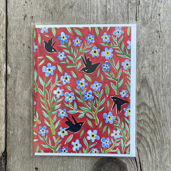 Blackbirds on Red Background With Blue Flowers by Katie Eberts