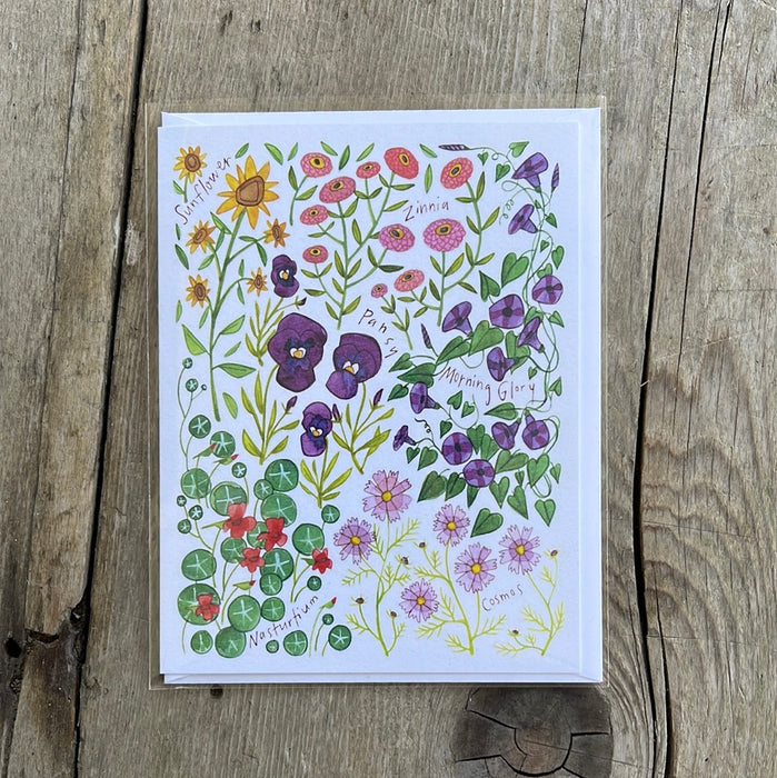 Sunflower, Zinnia, Pansy, Morning Glory, Nasturtium, Cosmos Garden Flower Card by Katie Eberts Illustration