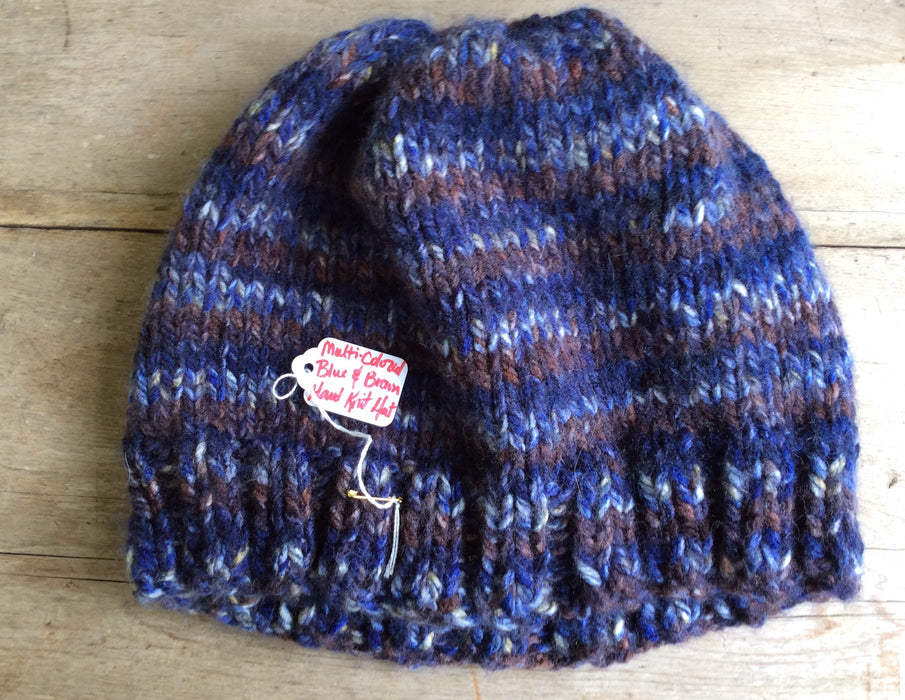 Hand Knit Multi-Colored Blue And Brown Hat