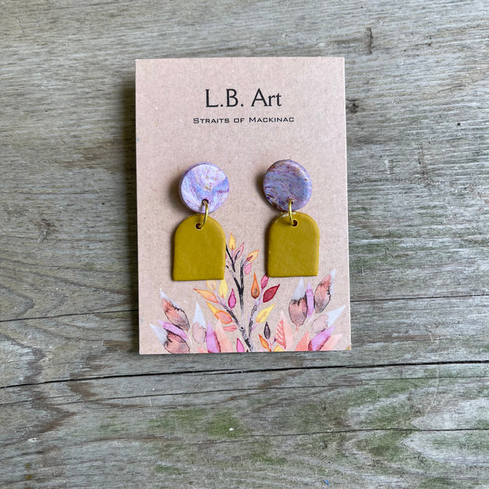 Pink Marbled Circle and Yellow Arch Earrings by L.B. Art