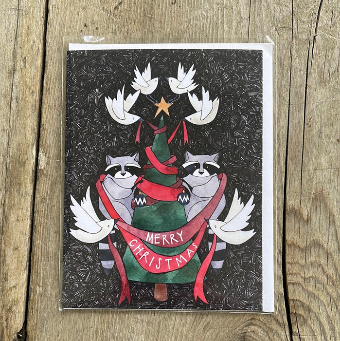 Merry Christmas Raccoons and Doves Card by Katie Eberts Illustration