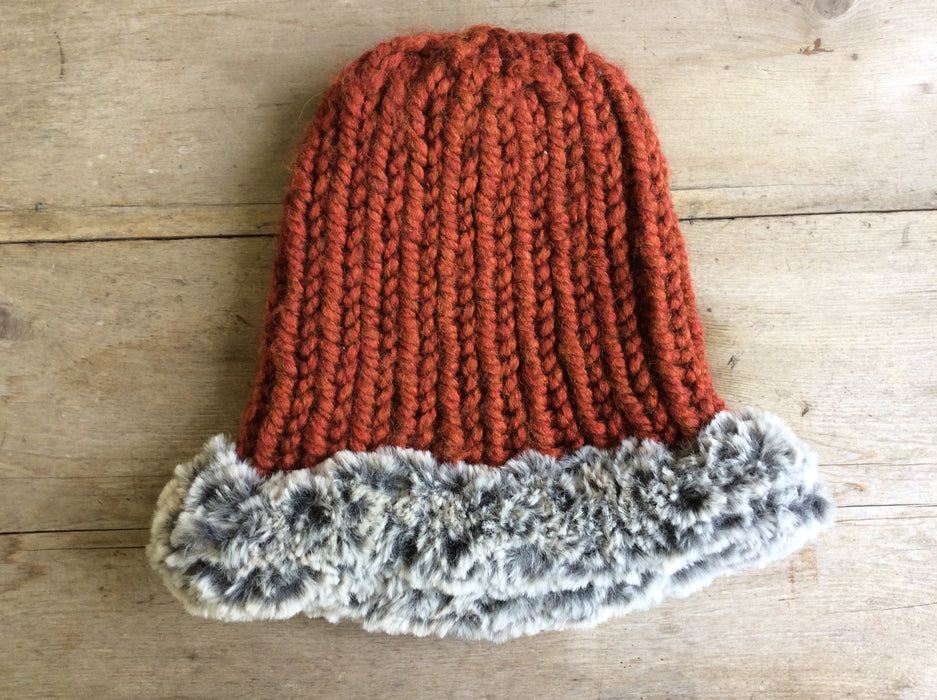 Burnt Sienna with Faux Fur Oversized Hand Knit Hat