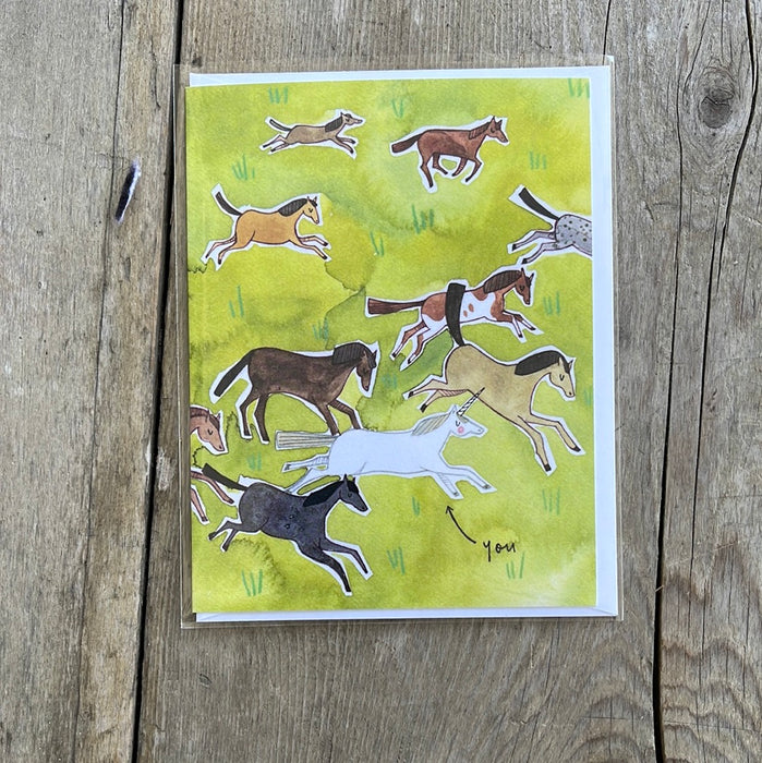 Running Horses and Unicorn (You) Card by Katie Eberts