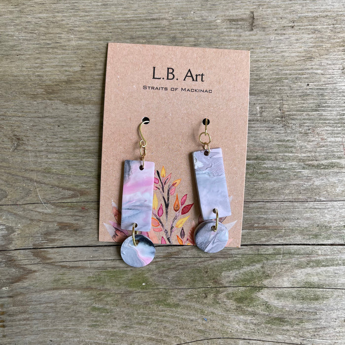 Pink and Grey Rectangle and Circle Earrings by L.B. Art