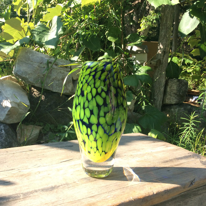 Cobalt Vase with Yellow Speckles Windblown Glass by Rick Shapero