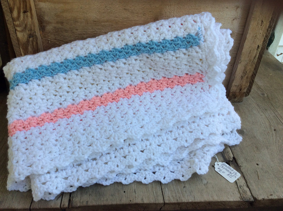 Striped White Crocheted Blanket