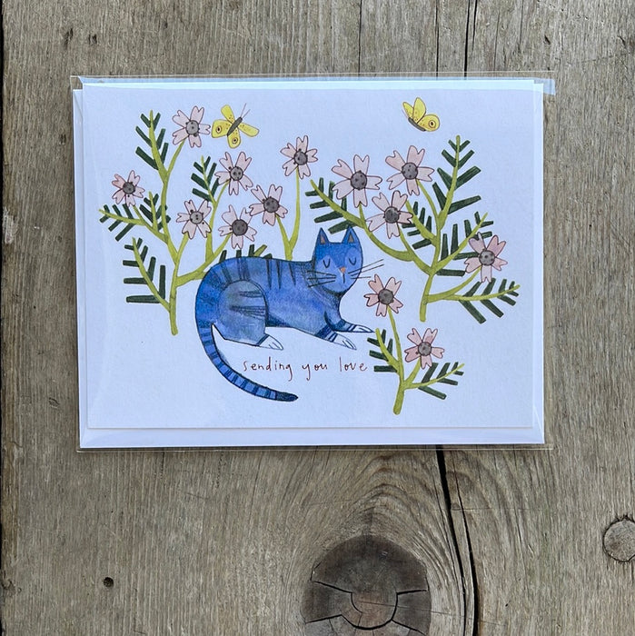 Blue Cat and Flowers Sending You Love Card by Katie Eberts